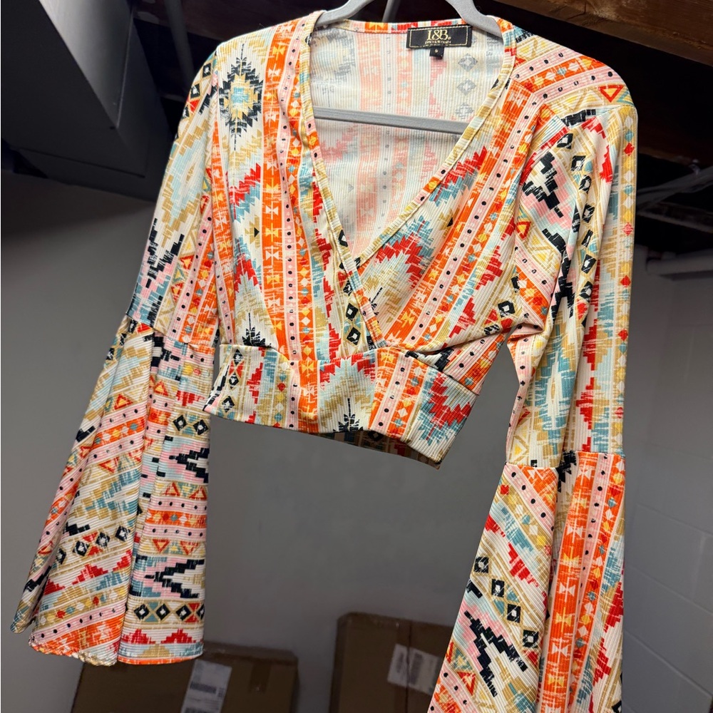 L&B Multicolor Geometric Bell Sleeve Blouse